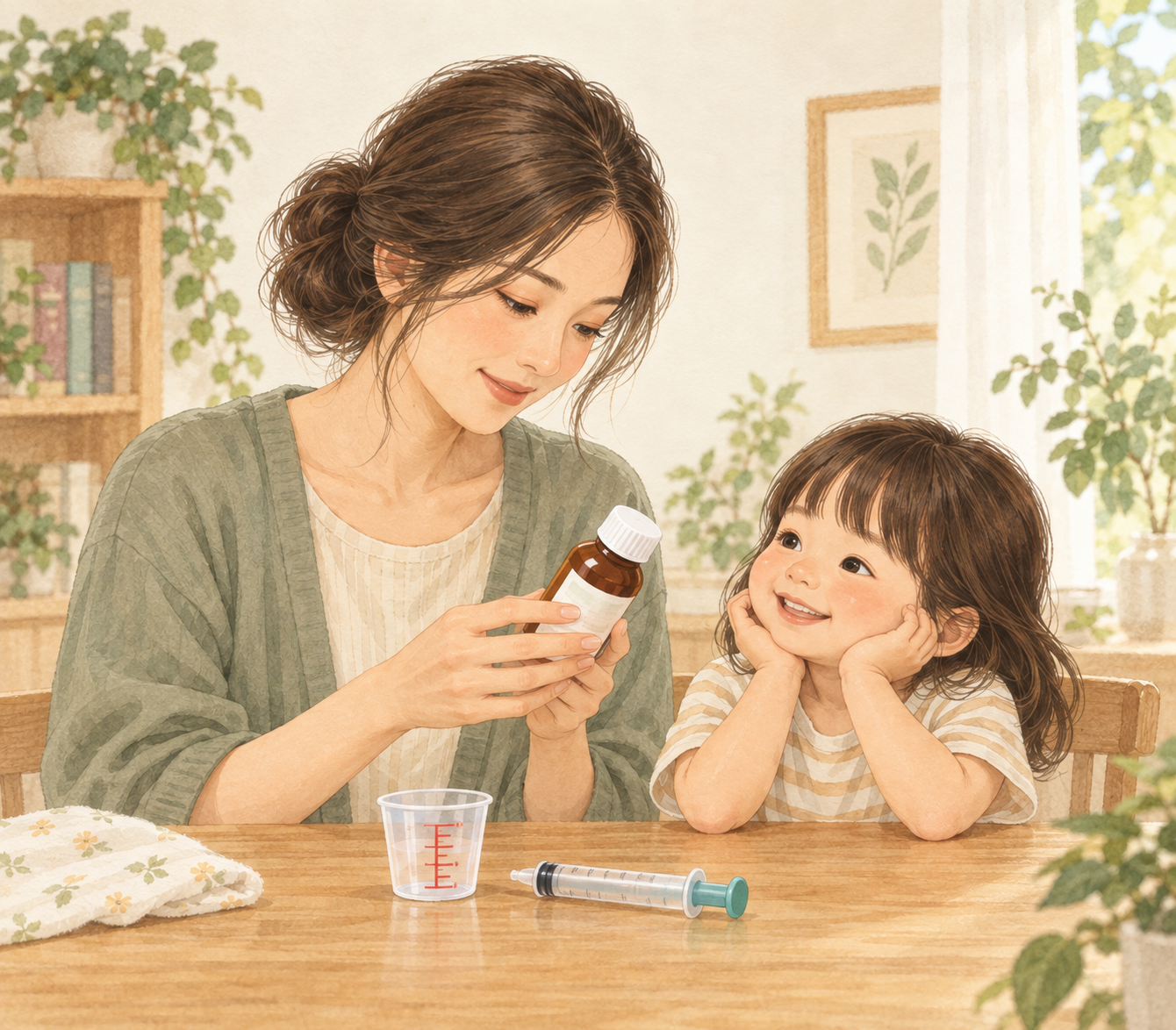 媽媽在孩子身旁核對藥瓶標示,桌上準備專用量杯與不帶針頭的口服餵藥器。
