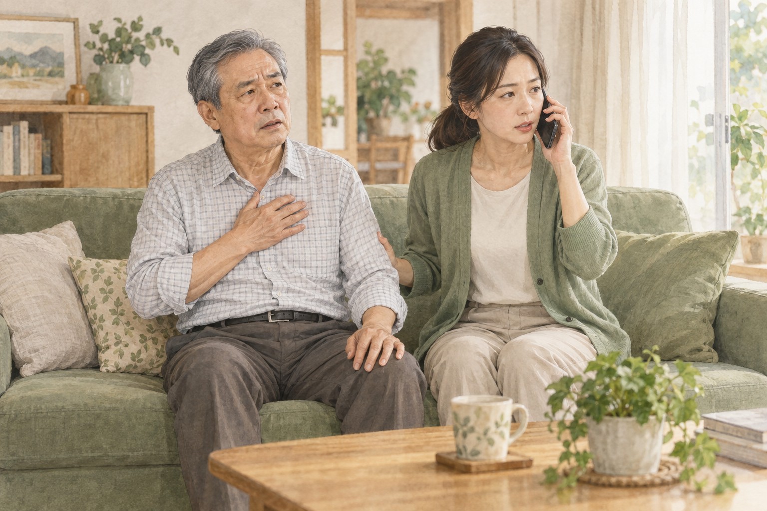 水彩情境插圖:男性坐在沙發上,手放在胸前,身旁家人以電話協助求援。
