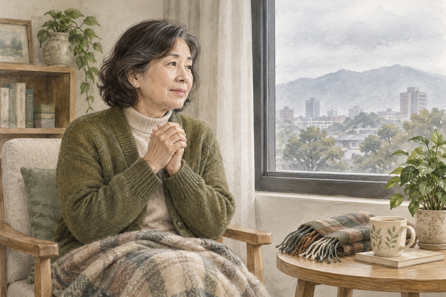 水彩情境插圖:年長女性在冬日窗邊輕握雙手,身穿保暖針織衣,身旁放著圍巾。