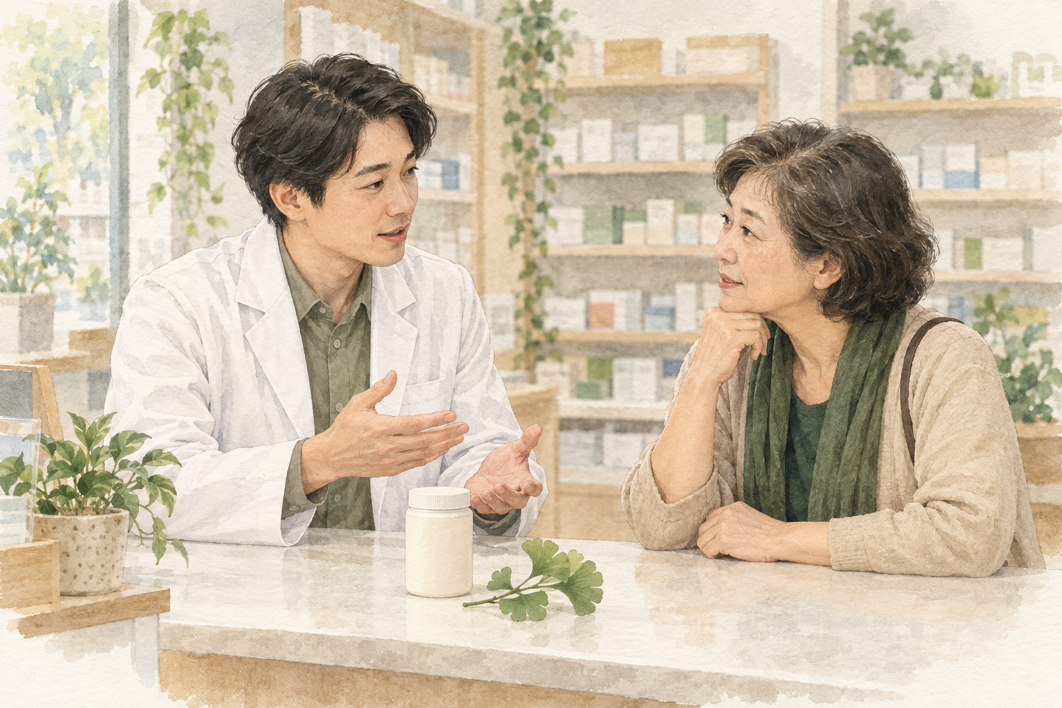水彩情境插圖：藥師與年長女性在櫃台諮詢，前景有無品牌容器及銀杏葉。