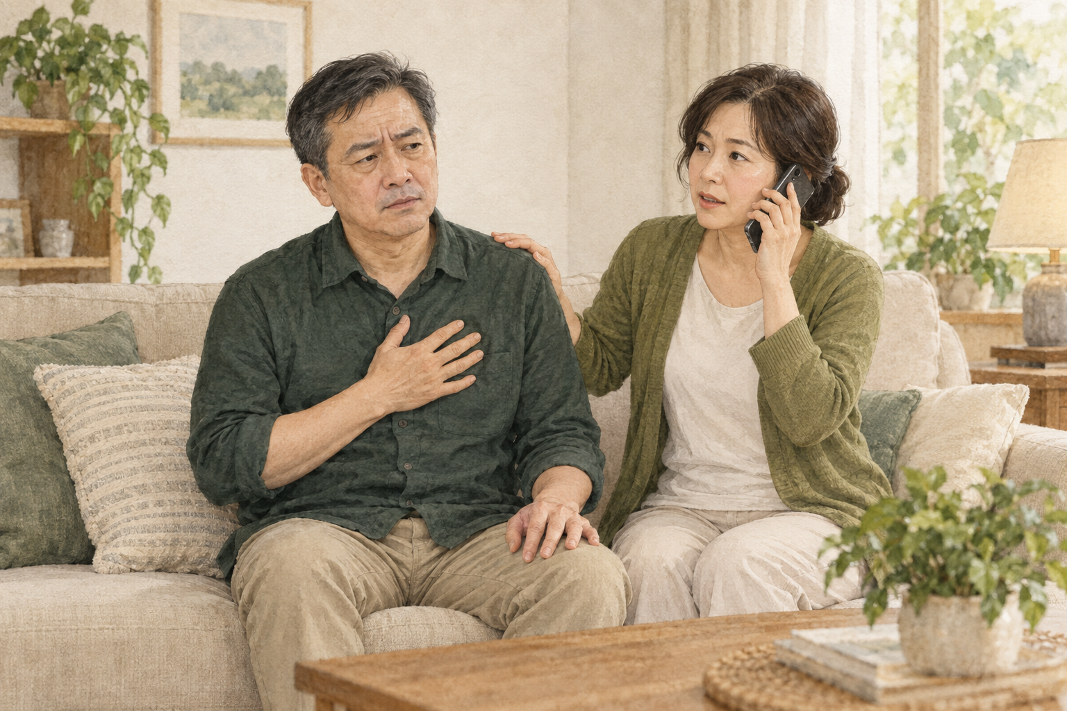 水彩情境插圖：男性坐在沙發上，手放在胸前，身旁家人用電話協助聯絡。