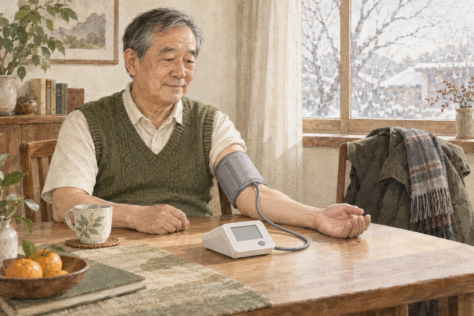 水彩情境插圖：年長男性在家中坐著量血壓，手臂平放桌面，旁邊備有保暖衣物。